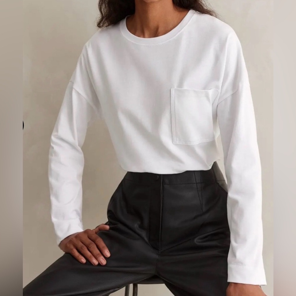 ME+EM 2 Pocket Detail Boxy White Long Sleeve Cotton Top Tee t-shirt layering